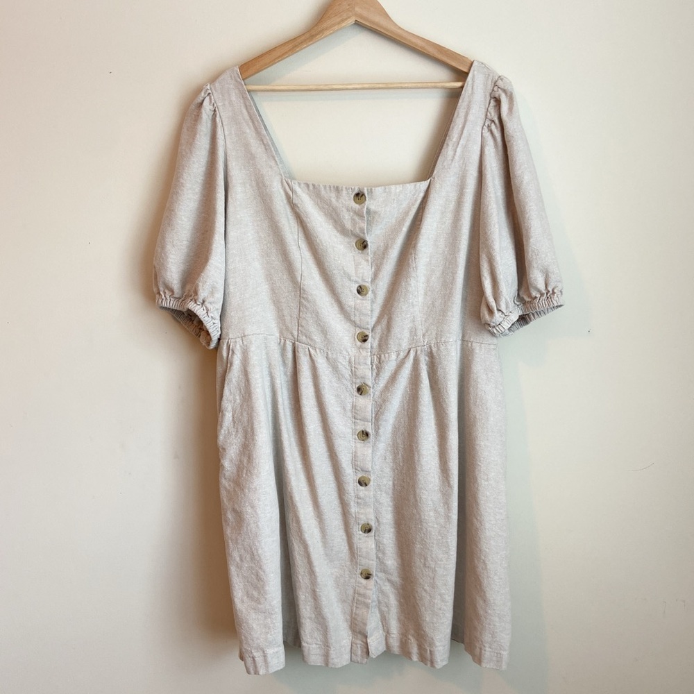 Old Navy Beige Linen Button-Front Puff Sleeve Dress
